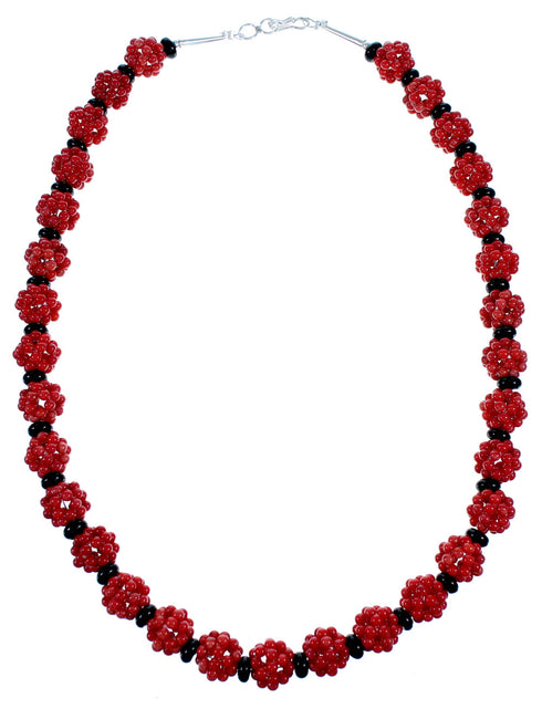 Southwest Coral Onyx Sterling Silver Bead Necklace RX114804